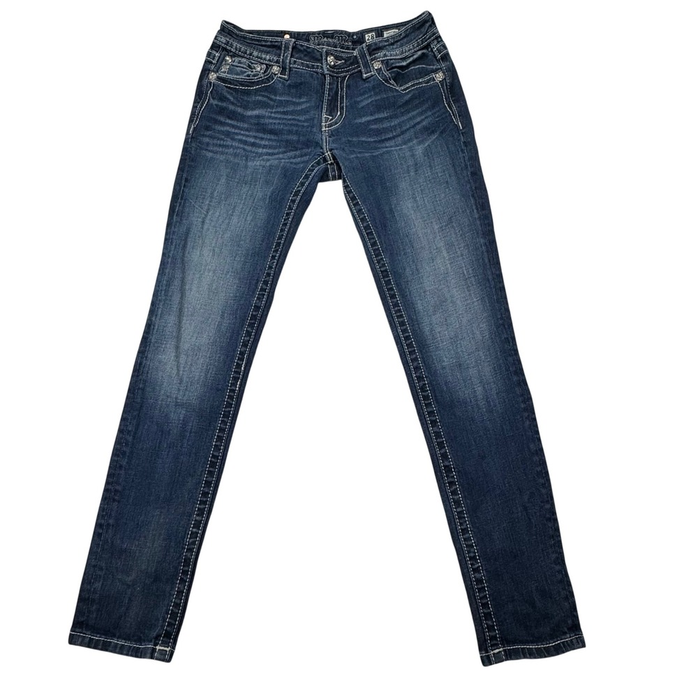 Miss Me Signature Skinny Jeans Dark Wash Embellished Flap Pocket JP6319S Size 28 - Picture 2 of 8